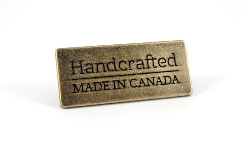 Metal Bag Label Handcrafted - Made in Canada Antique Brass Metal Bag Label Handcrafted - Made in Canada Antique Brass